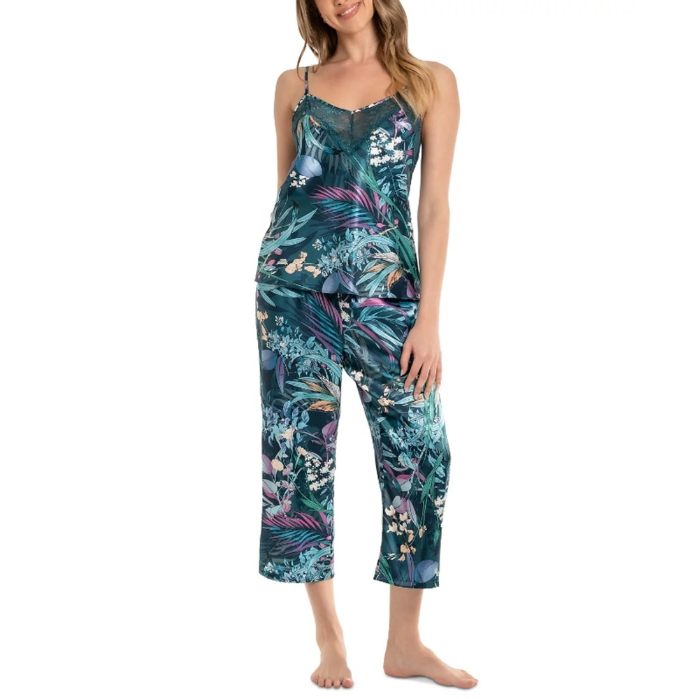 Linea Donatella Women's Large Turquoise 2-Pc. Cropped Satin Pajamas Set NWT